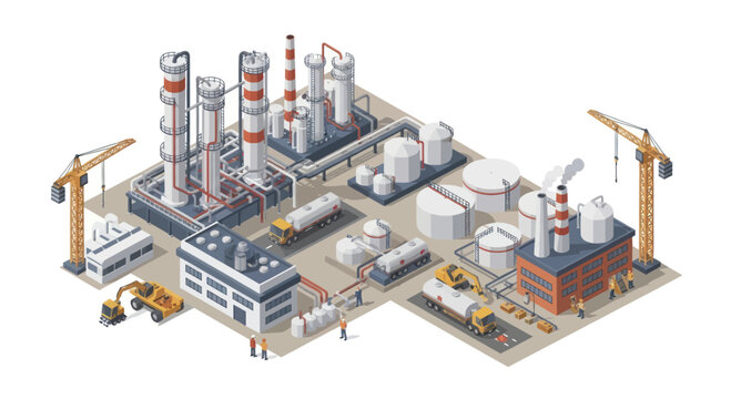 Industrial complex with towers tanks and cranes isometric view.