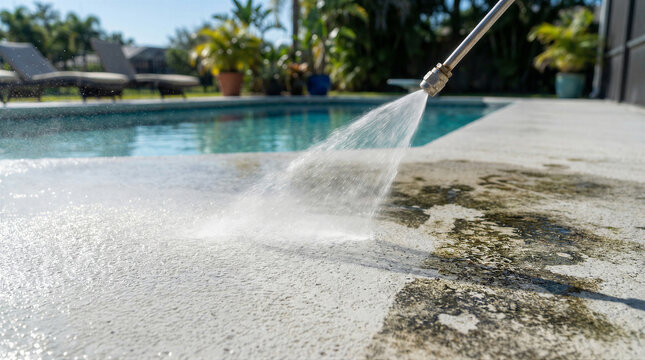 Pressure washing dirty concrete pool deck with high pressure water jet cleaning away grime and algae stains