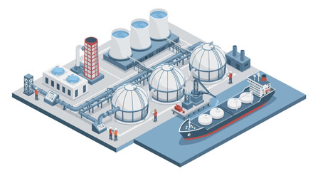Industrial LNG plant with storage tanks and ship for transport. © Aksa