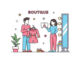 Obraz premium Boutique dressing room scene with a person holding a new outfit on a hanger and a friend giving feedback, illustrating shared experience and fashion