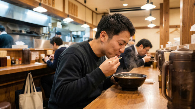 Young japanese man eating hot ramen noodles in a traditional restaurant at the counter, enjoying authentic food