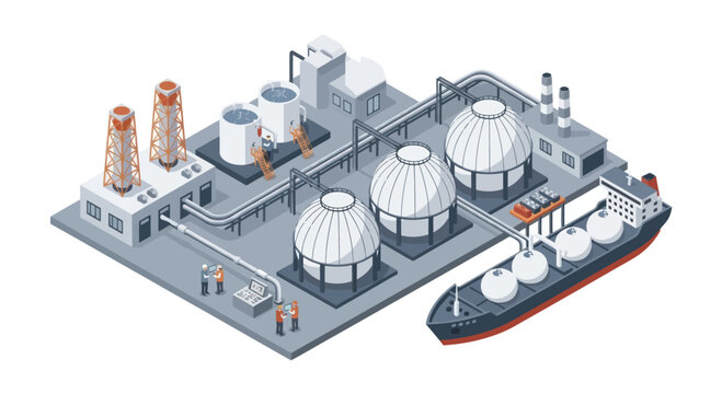 Industrial LNG plant with storage tanks and transport ship.