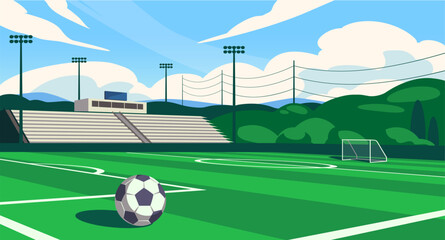 Naklejka premium Football field. Soccer field with ball, stands, green grass and gate. Field for sports games and competitions. Design element for banner or poster. Cartoon Flat vector illustration