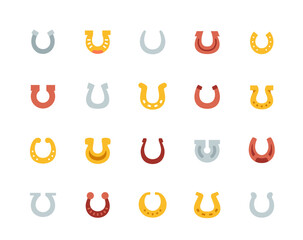 Horseshoe icon set. Colorful signs of good luck or gold, silver and copper horseshoes. Design elements for app or web. Flat vector illustration collection isolated on background