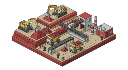 Obraz premium Industrial mining operation with excavators and trucks.