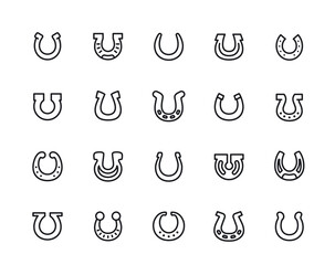Horseshoe line icon set. Simple symbols of good luck or metal horseshoes. Editable stroke. Design elements for app or web. Outline vector illustration collection isolated on background