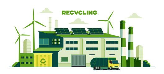 Green waste recycling plant. Eco factory with solar panels, pipes, and waste management building. Sorting and recycling garbage to preserve nature. Flat vector illustration isolated on background