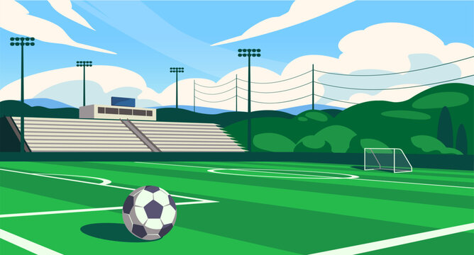 Football field. Soccer field with ball, stands, green grass and gate. Field for sports games and competitions. Design element for banner or poster. Cartoon Flat vector illustration