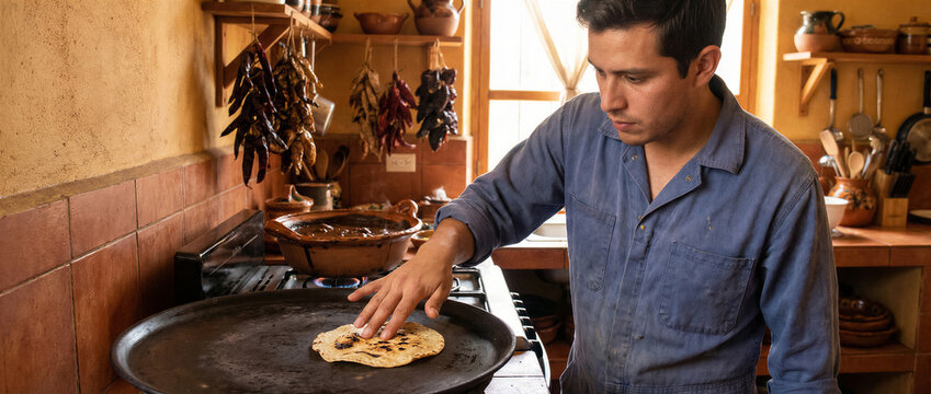Man cooking traditional corn tortilla on a hot comal in a rustic mexican kitchen with dried chilies hanging