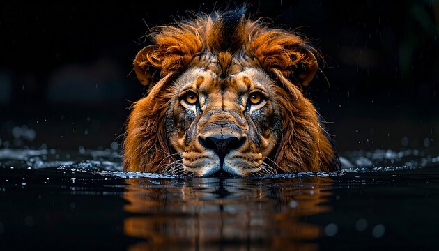 A powerful lion emerges slowly from dark water with intense eyes and sharp teeth visible.