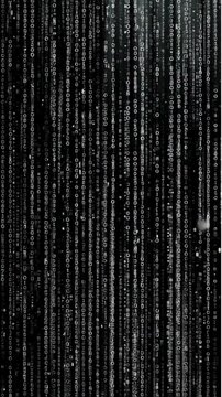 Digital data streams vertically in monochrome, resembling falling binary code on a dark background, representing computing processes, cybersecurity, and the fundamental structure of information.