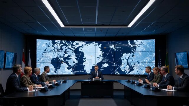 International leaders in a global summit meeting discussing strategy. Corporate executives sitting around a conference table with a large world map screen. Geopolitical diplomacy and business concept