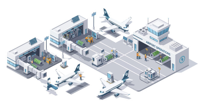 Isometric Airport Terminal with Airplanes and Ground Support Vehicles.