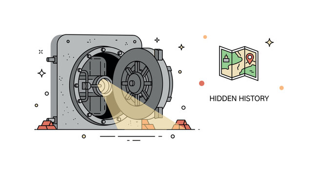Secret bunker tourism concept showing a heavy round vault door slightly open with a beam of light inside. Minimal concrete textures, small map icon and a