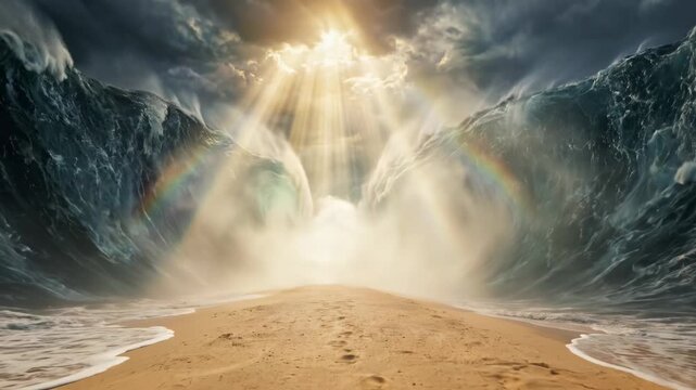 Epic animation of parted seas during the Exodus. Massive crashing waves forming a dry path, divine sun rays and biblical miracle concept.