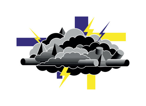 A realistic monochrome cloud mass simplified into bold geometric shapes, lightning illustrated as sharp angular blocks cutting through, abstract