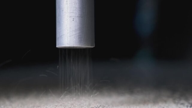Quartz sand pouring from an aluminum pipe onto a metal surface. Grains bounce and scatter, emphasizing texture and motion.