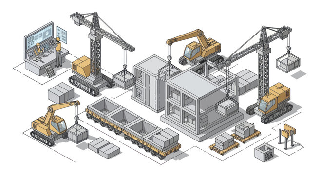 Isometric Construction Site with Cranes and Building in Progress.