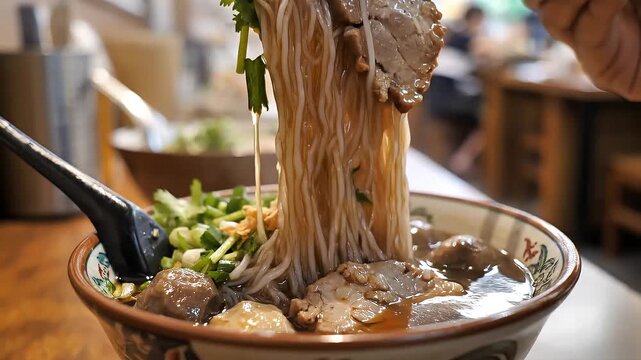 Exquisite Noodle Symphony: A delectable serving of noodles with tender beef, immersed in flavorful broth, elevated for a captivating presentation
