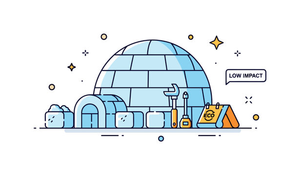 Modernized igloo assembly scene highlighting carefully aligned snow blocks and a compact eco toolkit. A small ?Low Impact? caption reinforces minimal