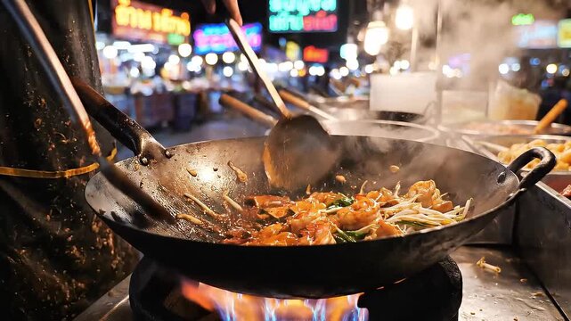 Culinary Fusion: A skilled chef expertly stirs a sizzling wok, showcasing the vibrant heart of street food culture.