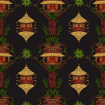 Seamless pattern of whimsical treehouses with thatched roofs nestled in lush green foliage against a dark background