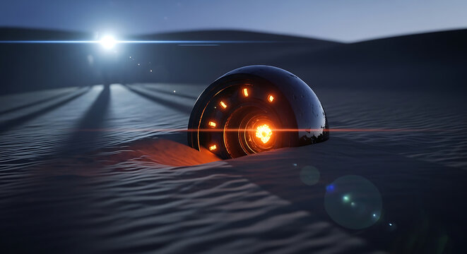 mysterious futuristic spaceship glowing after crash landing in a desolate desert at twilight evoking science fiction themes.