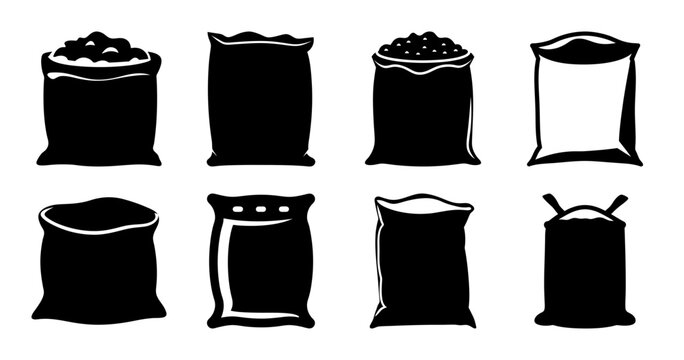 Diverse collection of black and white sack illustrations in a symmetrical arrangement