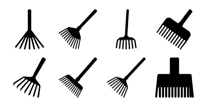 Various styles of rakes, representing different purposes, in silhouette images