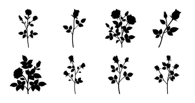 Eight rose silhouette illustrations on a white background suitable for design