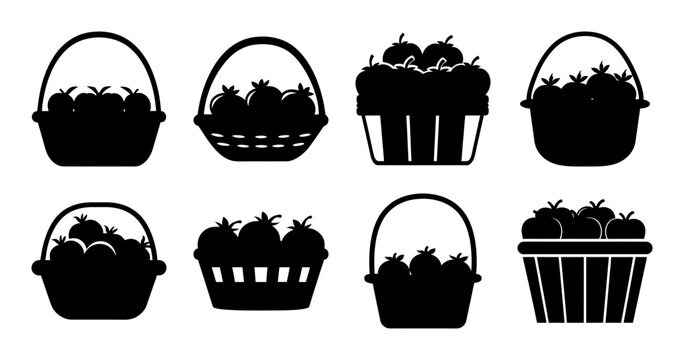 Black silhouette vector illustration of baskets full of apples or other fruits