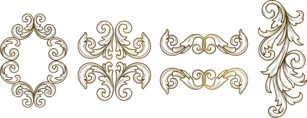 Fototapeta premium Vintage Baroque Ornamental Elements Set, Rococo Scroll Frames and Decorative Flourishes with Acanthus Leaves