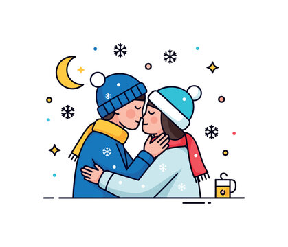 Snowy midnight embrace two figures kissing softly with small snowflake accents falling around. A cozy winter micro scene expressing warmth and affection during