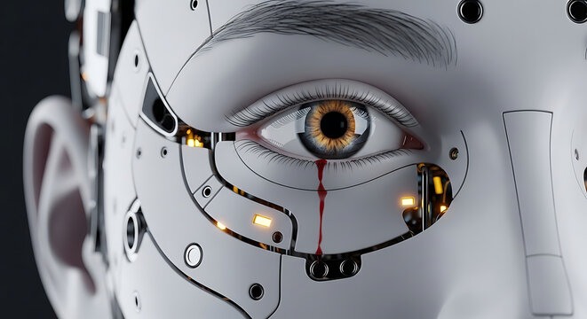 close-up of an ai agents human-like eye shedding a red tear symbolizing machine emotion artificial intelligence and advanced robotics.