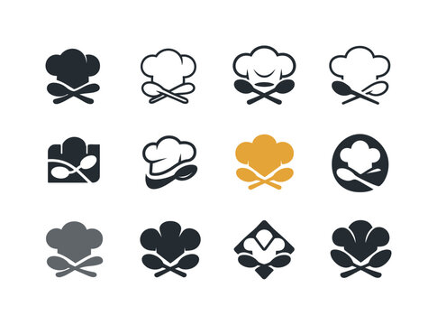 Food culture and traditions. Icon set. Set Logo of Food culture and traditions: chef hat and spoon. harmonious logo variations of the same emblematic concept,