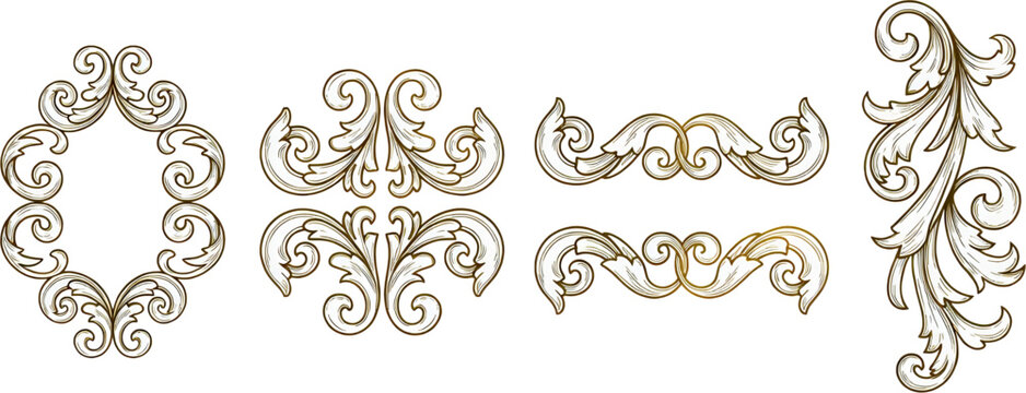 Vintage Baroque Ornamental Elements Set, Rococo Scroll Frames and Decorative Flourishes with Acanthus Leaves