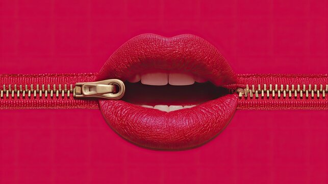 Dramatic closeup of luscious red lips sealed shut with a golden zipper