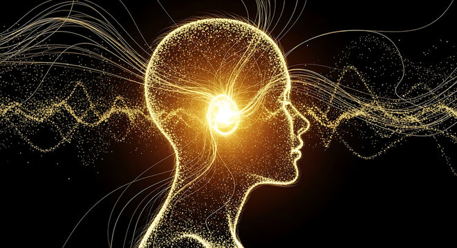 glowing human mind silhouette radiating golden energy symbolizing consciousness artificial intelligence and innovative thought.