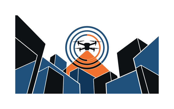 A monochrome drone hovering above a simplified city block, bold circular radar graphics expanding outward, flat rectangular building forms intersecting the