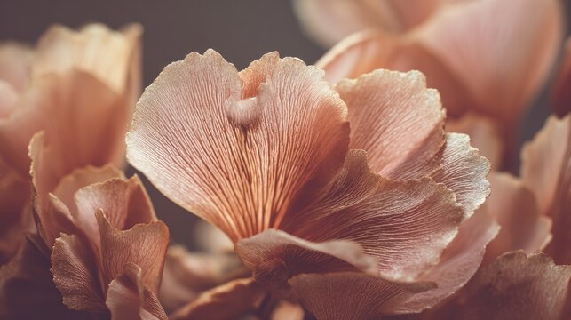 Macro photograph of mushroom caps with detailed textures and light diffusion