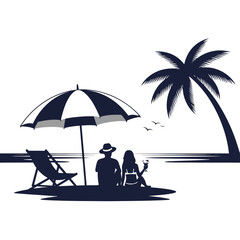 Fototapeta premium Relaxing beach scene with family under an umbrella on a tropical shore.