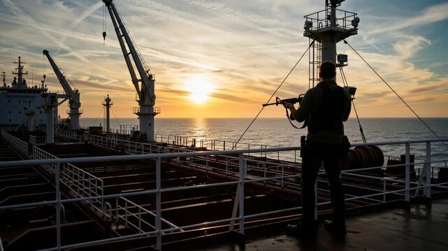 Armed security guard standing watch on the deck of a cargo ship in ocean at sunset. Private military contractor patrolling a commercial vessel at sea