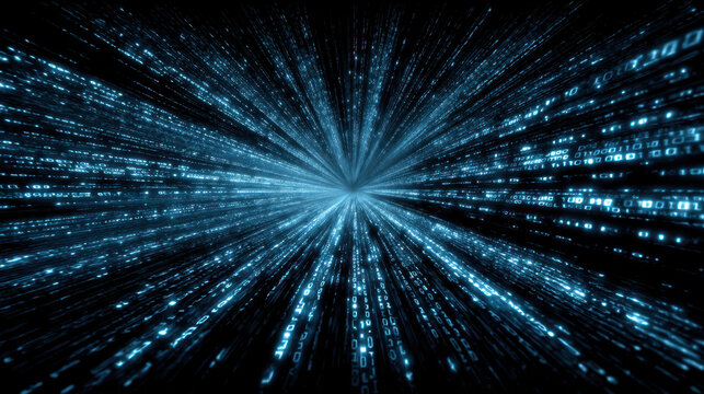 Digital literacy concept with glowing blue binary code streaming in futuristic data tunnel creating sense of speed and technology advancement