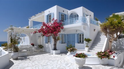 Fototapeta premium White Mediterranean villa with blue shutters, bougainvillea, and sea view under clear blue sky, featuring sunny terrace, stairs, and potted flowers.