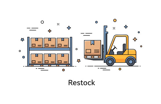 Warehouse stock replenishment process shown by organized rows of boxes and a forklift lifting a pallet. Subtle motion lines and a clean ?Restock? label