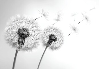 Obraz premium Dandelions in grayscale, some seeds floating away