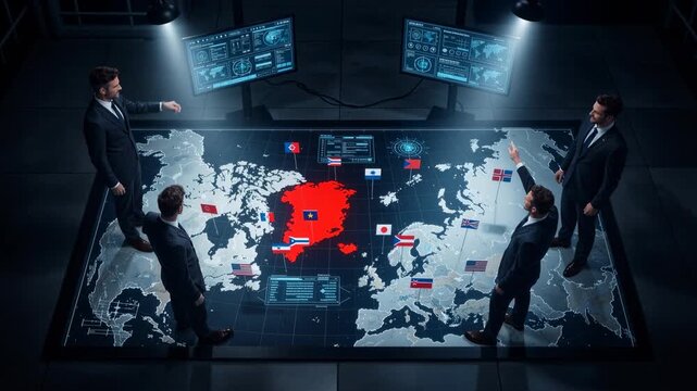 Business executives analyzing a glowing interactive world map in a high-tech control room. Men politicans discussing global strategy and Greenland, international data analytics on digital screens