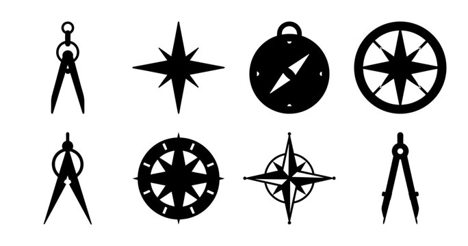 Compass and Navigation Tools Silhouettes Icon Set - Collection of compass and navigation tool silhouettes including compasses and directional symbols, ideal for travel, mapping, and exploration design