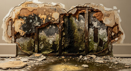 Obraz premium Water damage on wall from hidden leak showing mold growth, deteriorating paint, and damaged structure in indoor setting
