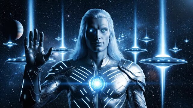 Epic futuristic cinematic scene featuring Ashtar leader of the Pleiadian Silver Fleet greeting peacefully in deep space noble humanoid figure with long flowing silver hair glowing blue eyes and calm p